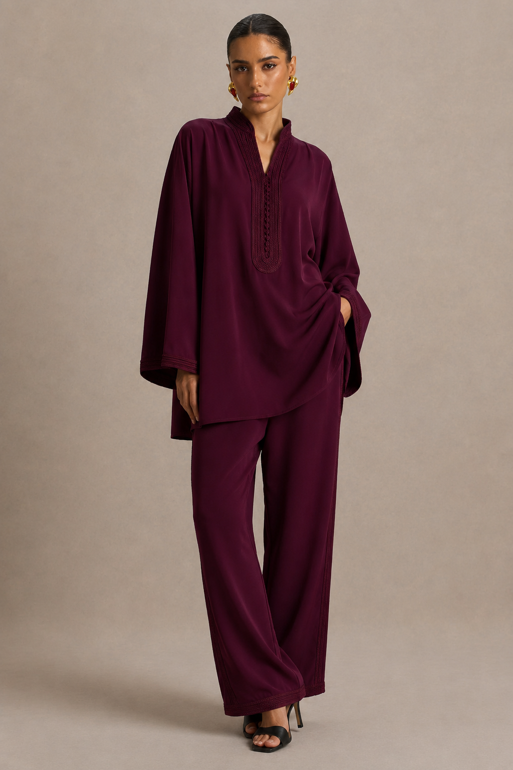 Ensemble Beldi Amira – Bordeaux Brodé | Caftania Paris