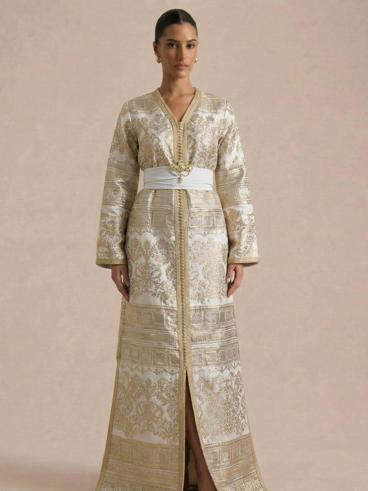 slim fit dress slacks Royal Kaftan Dress In White With Gold Threadwork Embroidery – Maxim Creation main image 0