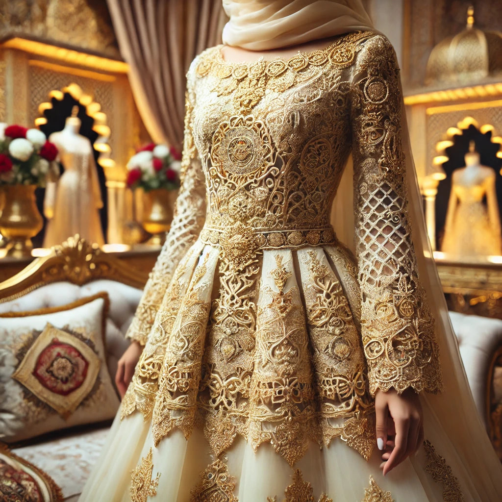 Mariée en takchita algérienne traditionnelle avec broderies dorées lors d'un mariage algérien, illustrant l'élégance du caftan dans la culture algérienne