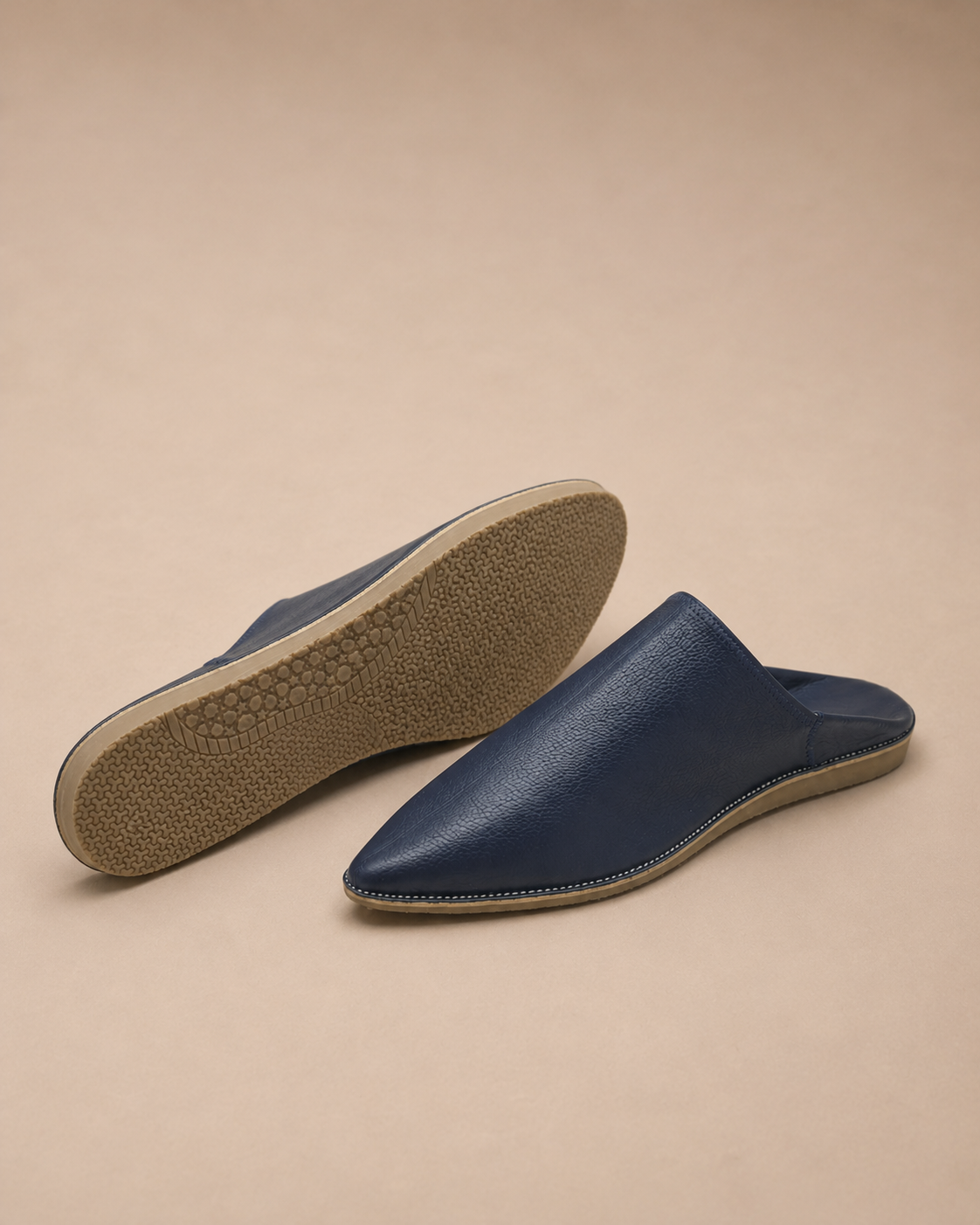 Babouches Marocaines en Cuir Bleu Nuit