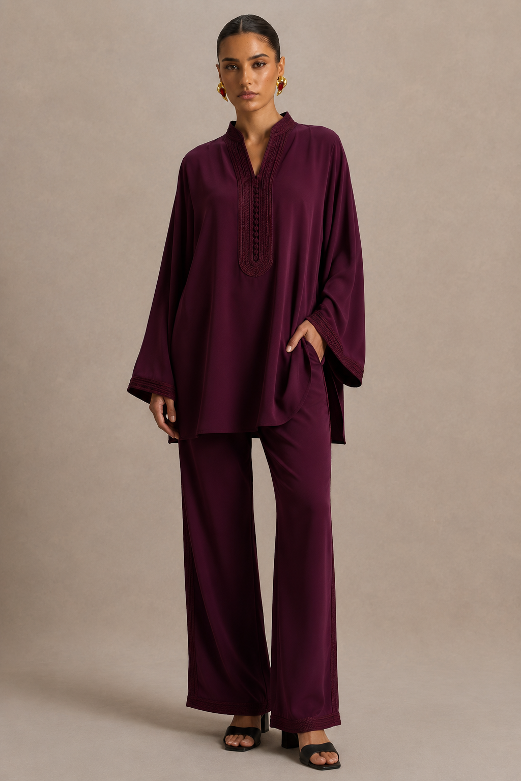 Ensemble Beldi Amira – Bordeaux Brodé | Caftania Paris