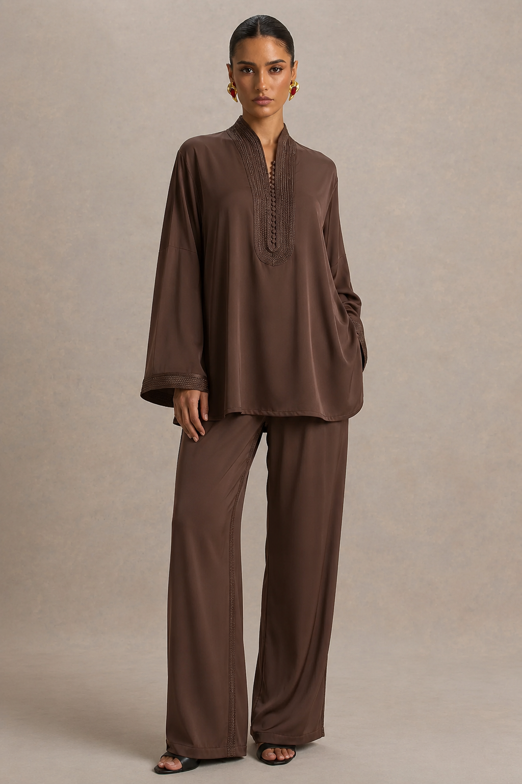 Ensemble Beldi Kenza – Chocolat Brodé | Caftania Paris