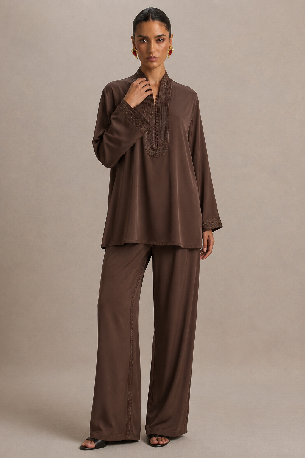 Ensemble Beldi Kenza – Chocolat Brodé | Caftania Paris