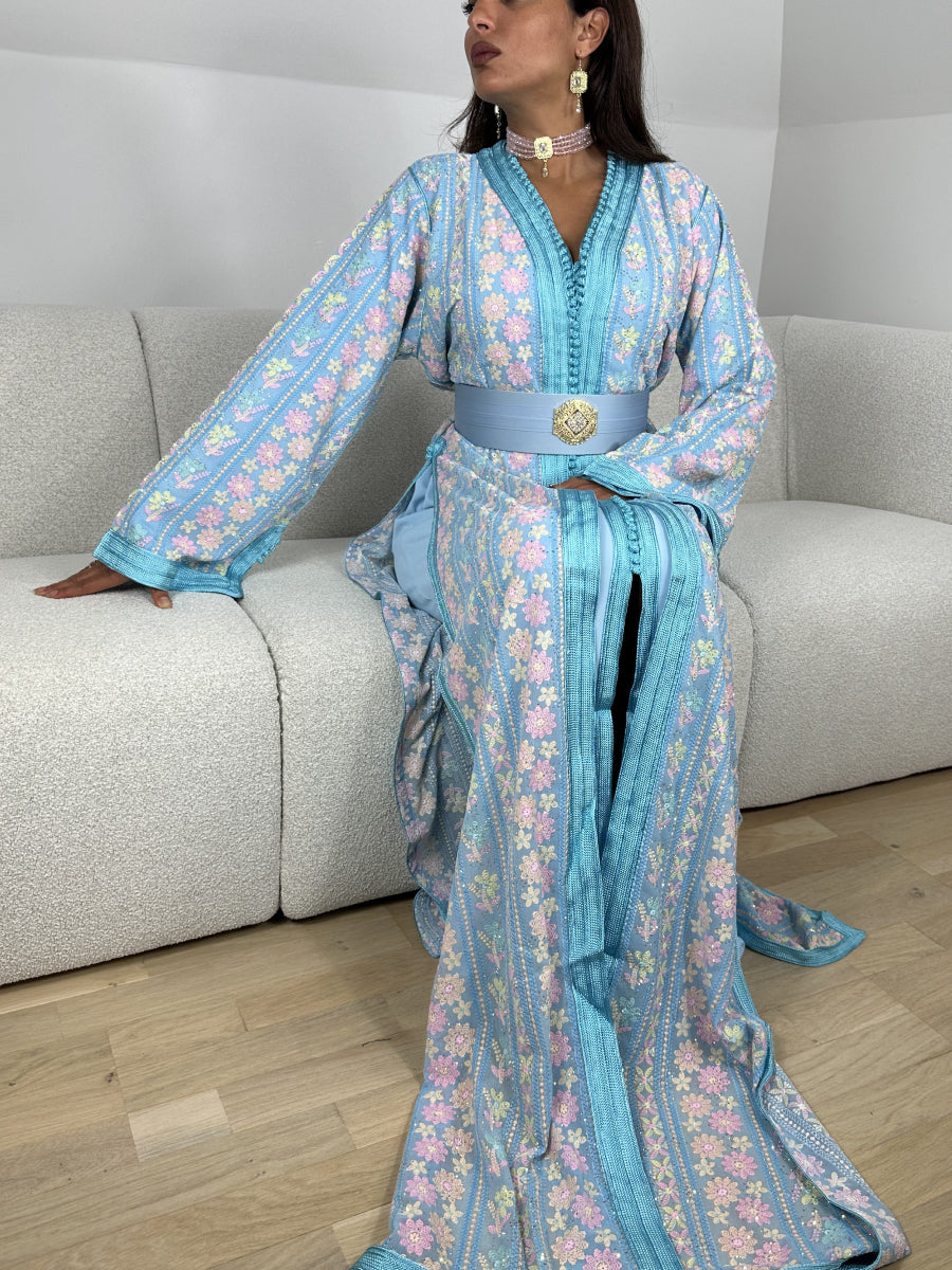 Caftan Bleu Ciel et Doré​ - Caftania Paris
